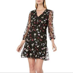 NWT Sam Edelman Black Floral Embroidered Mesh Lace Blouson Dress in Size 6